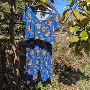 Modcloth HARLOW FLORAL SAPPHIRE print Top and Matching Wide-Leg Pants